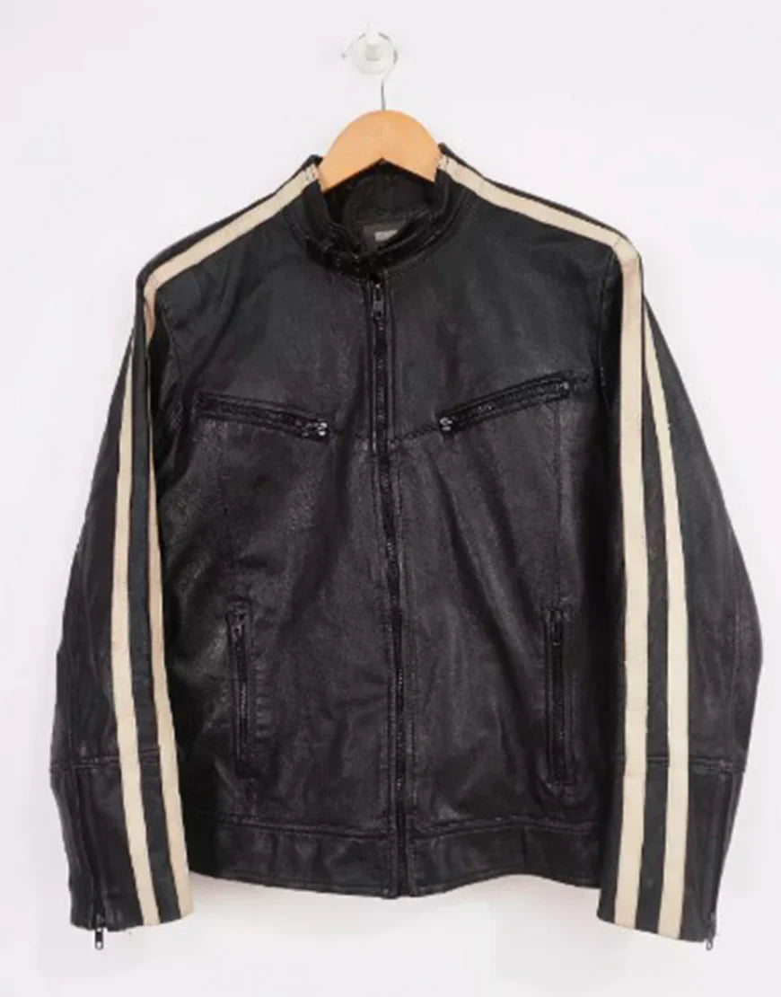 The Witness 2026 Jamie Bisping Striped Sleeve Leather Jacket WorthVee